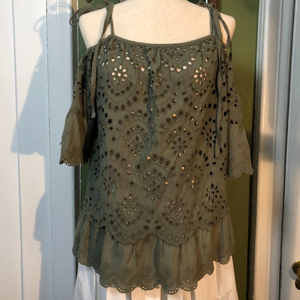 olive cotton bohemian eyelet blouse size S M